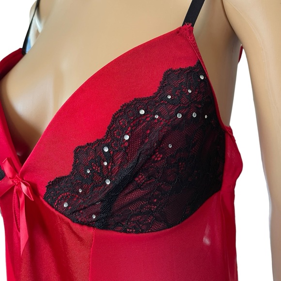 Passion Forever Red Black Mesh Floral Lace Rhinestone Padded Lingerie Slip Dress - Picture 2 of 7